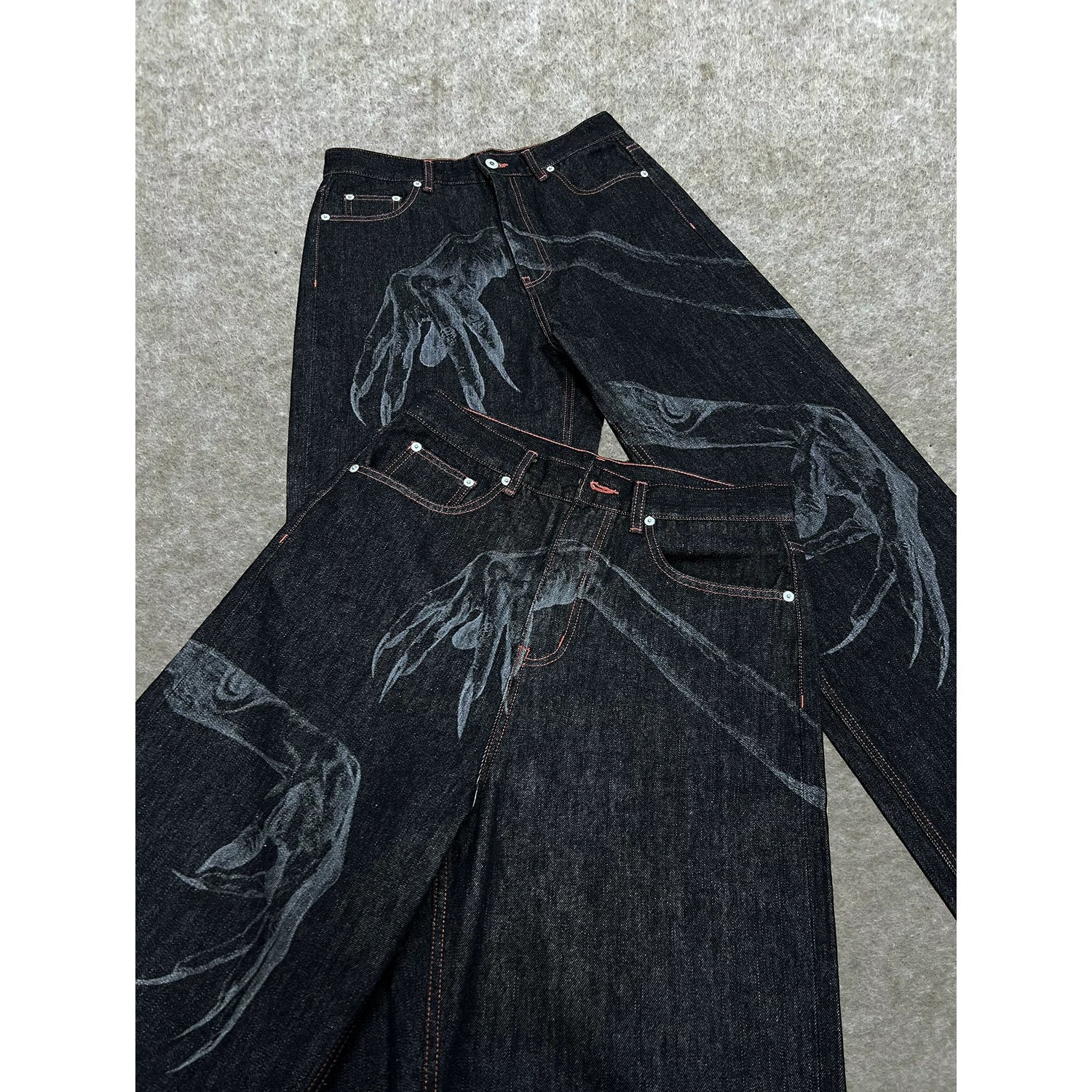 WANNA LAB Ghost Hand Laser Burnt Straight Tube Wide Matsubara Cowboy Pants Six or Seven Minutes Short Half Hairy Leather Brand