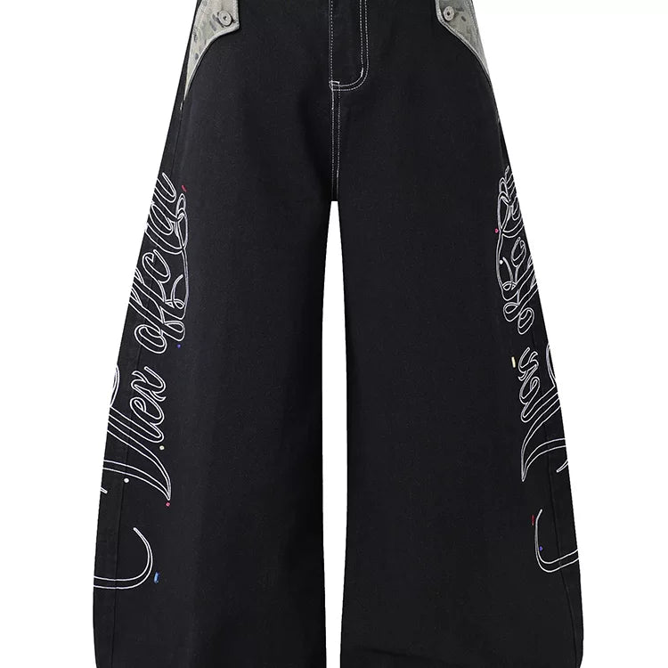 American retro letter embroidery patchwork camouflage contrasting curved knife jeans for men and women, loose wide leg original cow black pants
