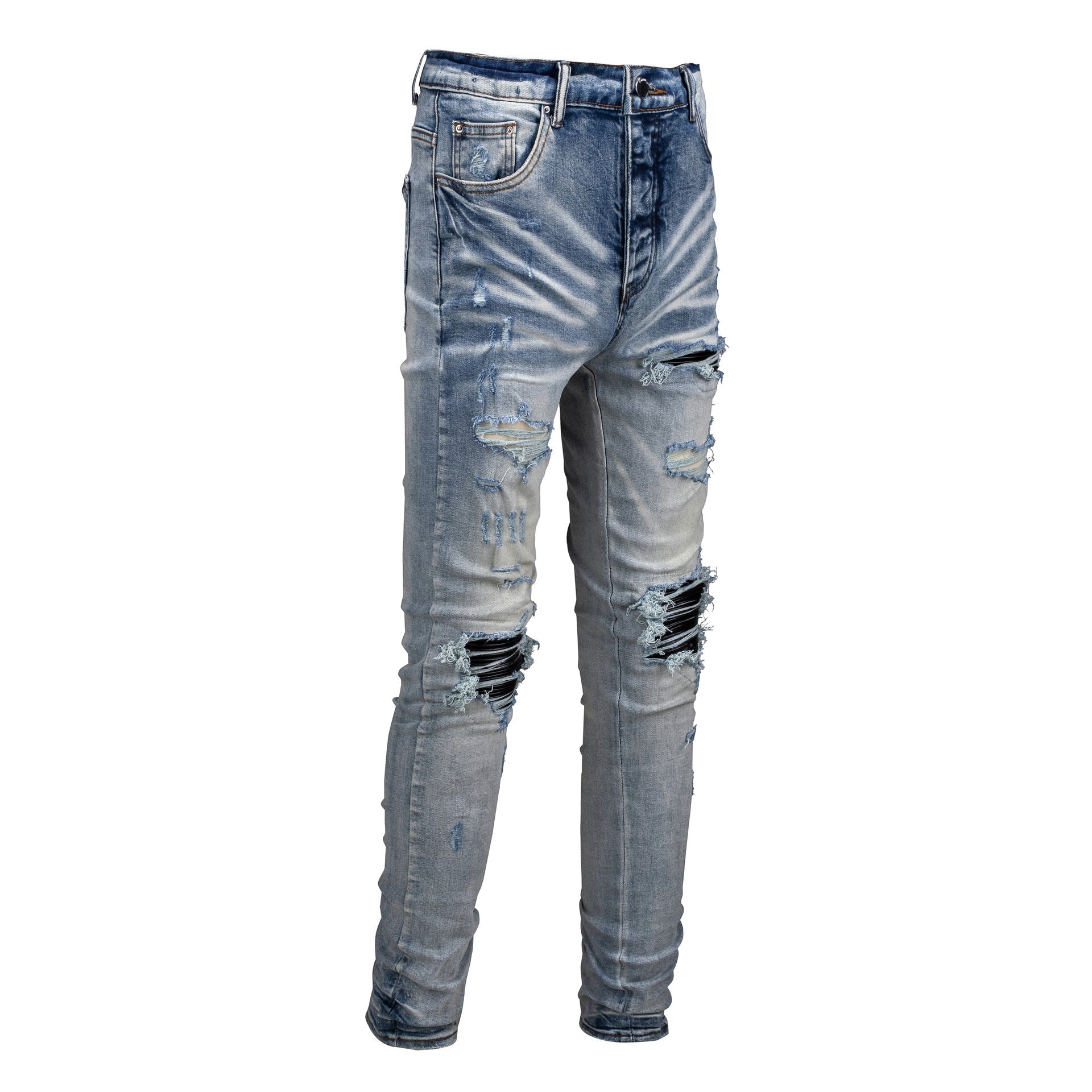 Purple Jeans Men's Slim Fit Black Jeans with Street Style Patches, Vintage Wash, and Ripped Details 6848