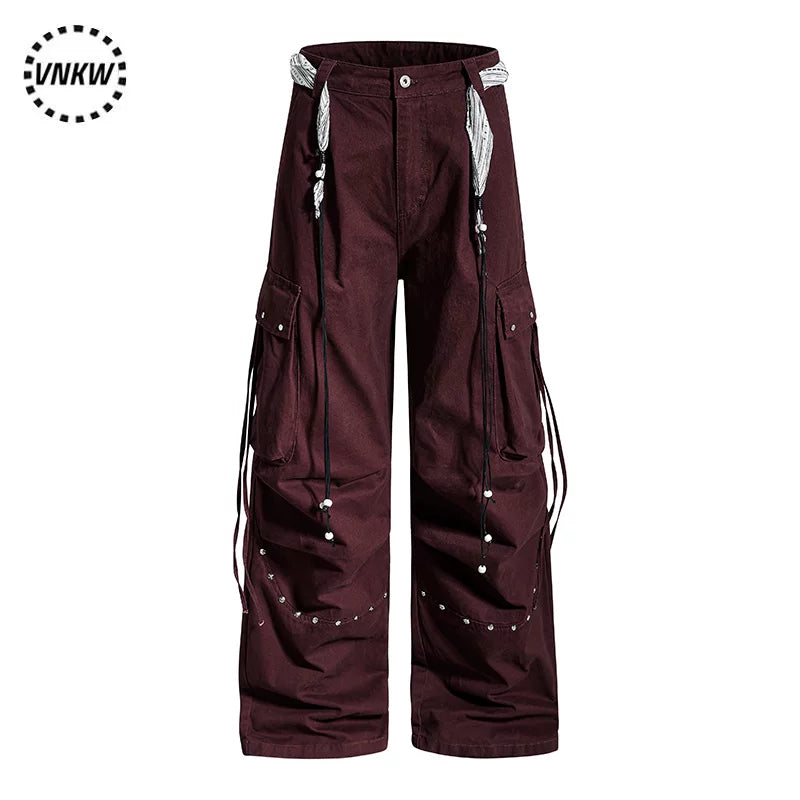 American functional style pleated rivet multi pocket wide leg work pants, loose straight leg hanging chain decoration, cool casual pants