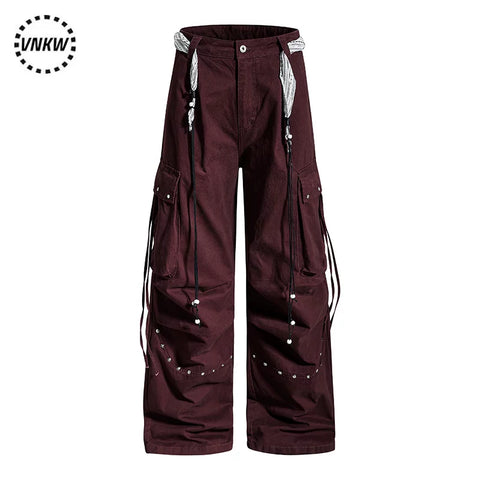 American functional style pleated rivet multi pocket wide leg work pants, loose straight leg hanging chain decoration, cool casual pants
