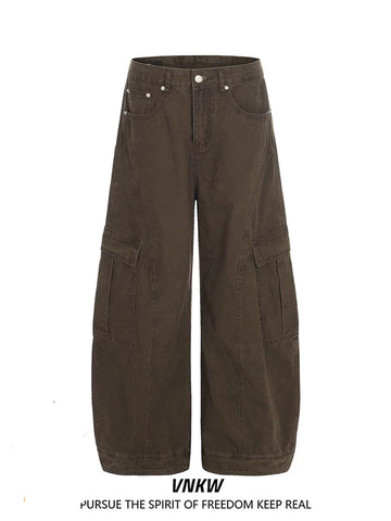 American retro deconstructive design, multi pocket workwear, curved knife pants, men's and women's loose wide leg baggy casual pants