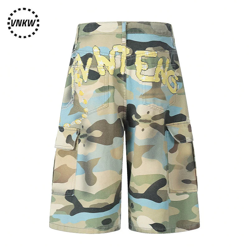 American retro camouflage pendant printed multi pocket straight leg cropped pants for men and women loose wide leg workwear casual shorts