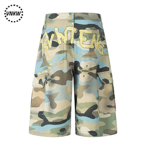 American retro camouflage pendant printed multi pocket straight leg cropped pants for men and women loose wide leg workwear casual shorts