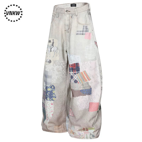 American retro 3D fun graffiti printed jeans for men and women, loose and wide legged, versatile for street wear, casual curved knife pants