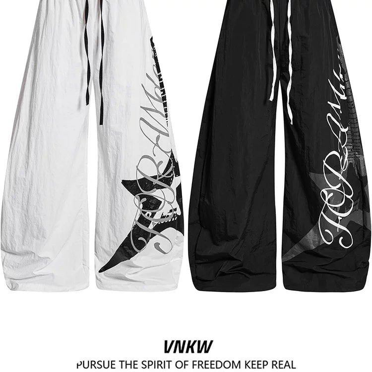 American letter printed pleated quick drying curved knife work pants for men and women in summer, thin, dancing, loose, wide leg paratroopers