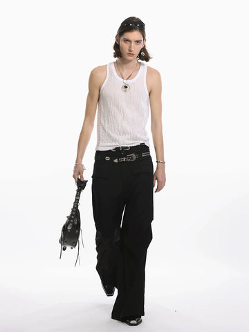 Unfesno (UN) Grey style double waisted 460G fabric pleated silhouette hanging Western pants gray suit pants