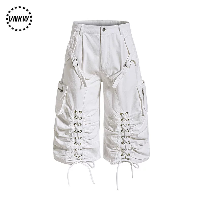 American retro light Asian multi pocket drawstring strap deconstruction workwear cropped pants for men and women loose wide leg versatile shorts