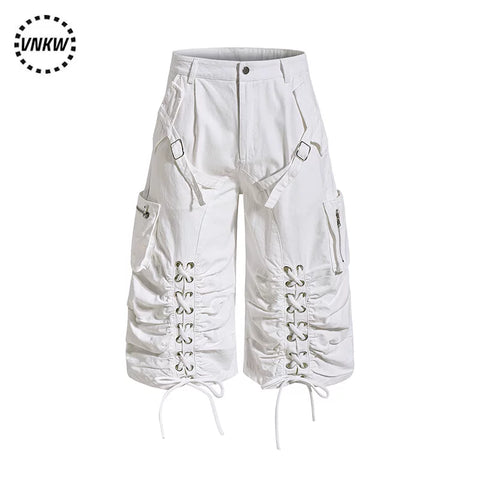 American retro light Asian multi pocket drawstring strap deconstruction workwear cropped pants for men and women loose wide leg versatile shorts
