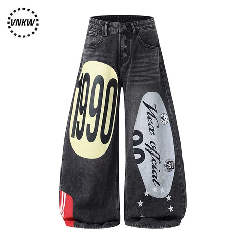American high street hip-hop digital print splicing curved knife jeans for men and women, unisex style, loose and wide leg versatile pants