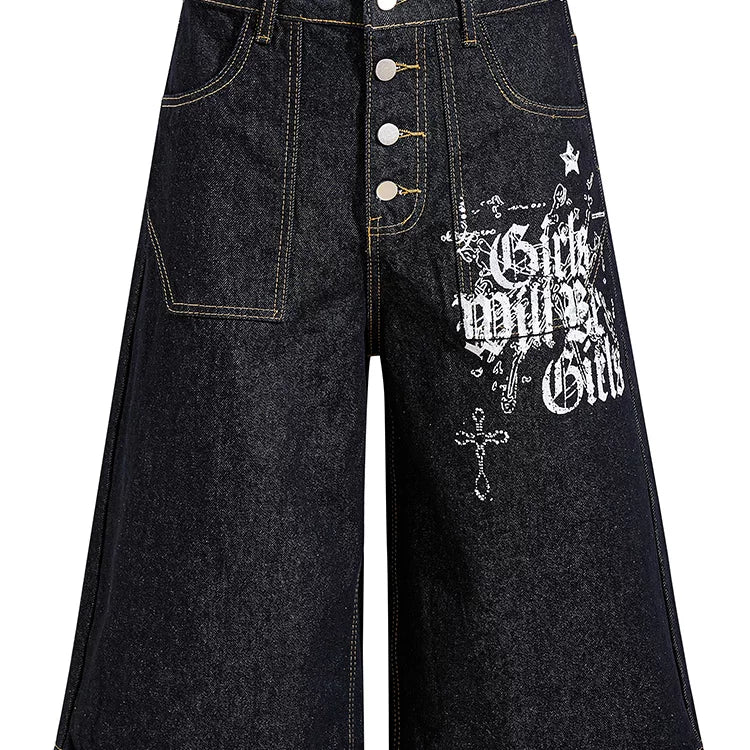 American retro original cow black single breasted design, denim cropped pants, men's and women's loose wide leg versatile and cool shorts