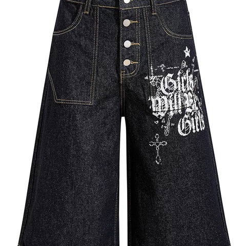 American retro original cow black single breasted design, denim cropped pants, men's and women's loose wide leg versatile and cool shorts