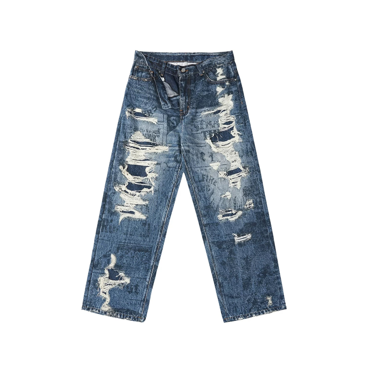 Stranger Things Official Collaboration WHOOSIS Newspaper Destruction Printed Jeans Pants Loose Men and Women Trendy