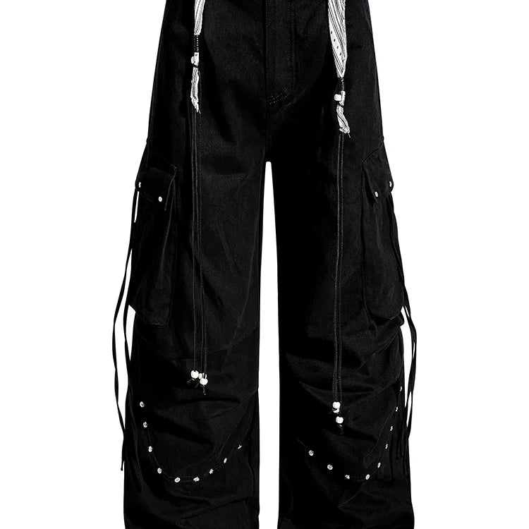 American functional style pleated rivet multi pocket wide leg work pants, loose straight leg hanging chain decoration, cool casual pants
