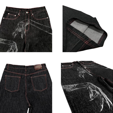 WANNA LAB Ghost Hand Laser Burnt Straight Tube Wide Matsubara Cowboy Pants Six or Seven Minutes Short Half Hairy Leather Brand