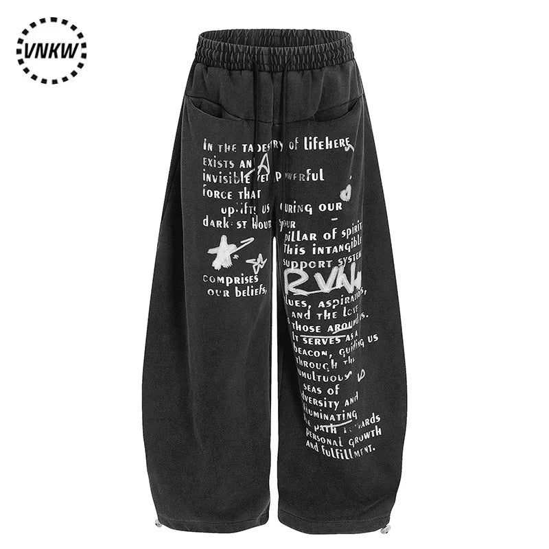 American street retro letter printed wide leg pants for men and women, heavy weight, loose drawstring, curved knife, sports and casual sweatpants, trendy