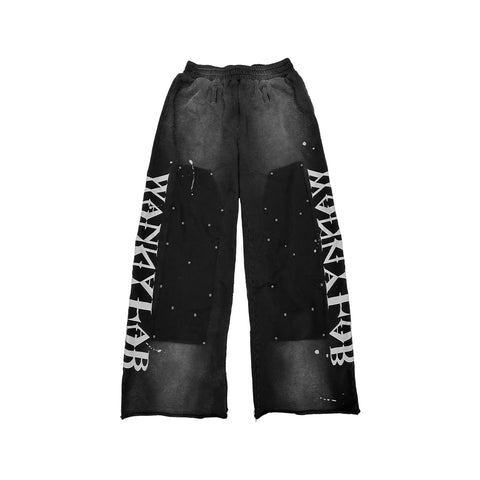 WANNA LAB Double Knee Rivet Printed Water Washed Lumber Curled Edges for Aging, Splashed Ink Straight Tube Casual Loose Long Pants