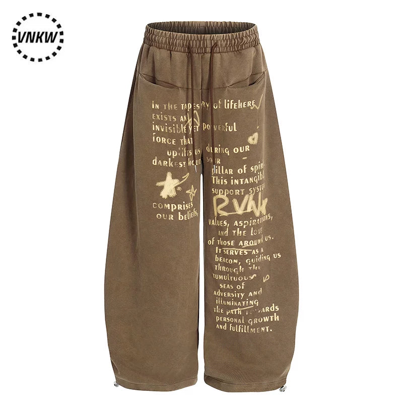 American street retro letter printed wide leg pants for men and women, heavy weight, loose drawstring, curved knife, sports and casual sweatpants, trendy