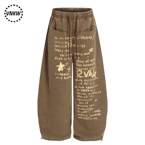 American street retro letter printed wide leg pants for men and women, heavy weight, loose drawstring, curved knife, sports and casual sweatpants, trendy