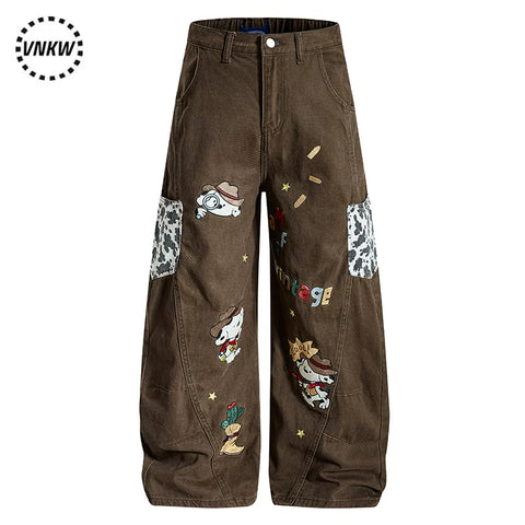 Melad Brown Cartoon Pattern Embroidered Wide Leg Jeans for Men and Women, Loose and Versatile Straight Tube Casual Drop pants