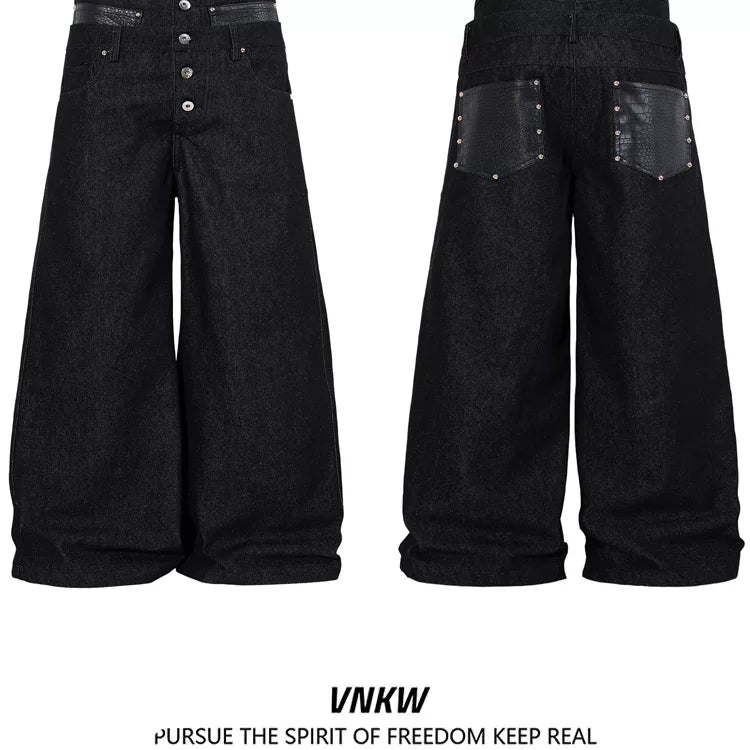 American retro original cow double waisted spliced work pants for men and women, loose wide leg straight leg casual versatile commuting pants