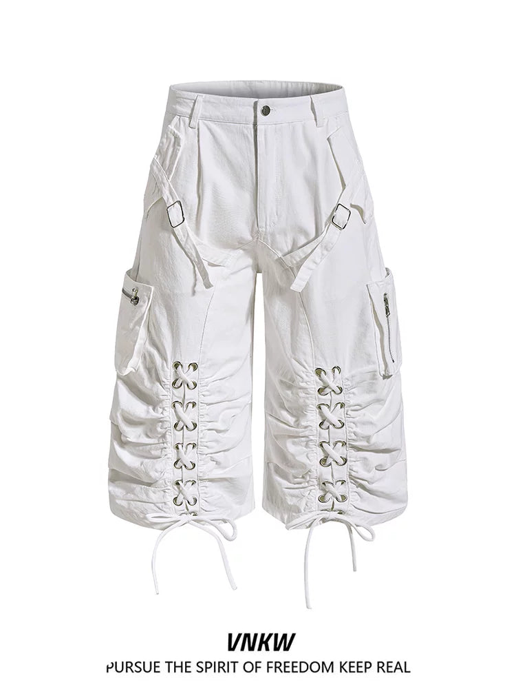 American retro light Asian multi pocket drawstring strap deconstruction workwear cropped pants for men and women loose wide leg versatile shorts