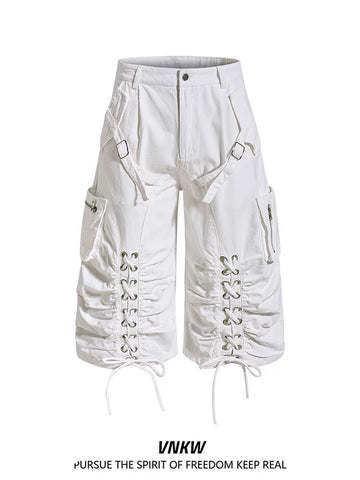 American retro light Asian multi pocket drawstring strap deconstruction workwear cropped pants for men and women loose wide leg versatile shorts