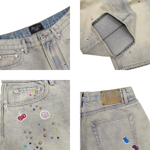 WANNA LAB 26SS Flash Diamond Sticker Printed Glitter Leather Brand Cowboy Six or Seven Cent Shorts