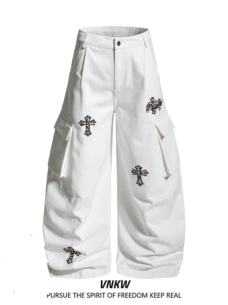 American retro leopard print cross embroidered workwear curved pants for men and women, loose multi pocket casual versatile wide leg pants