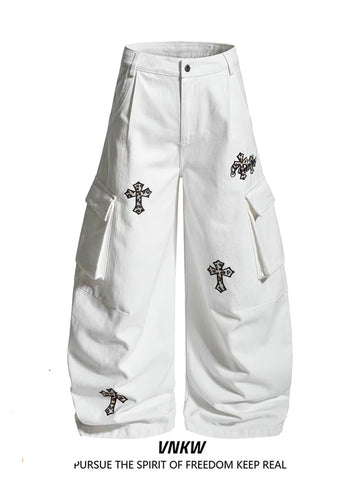 American retro leopard print cross embroidered workwear curved pants for men and women, loose multi pocket casual versatile wide leg pants