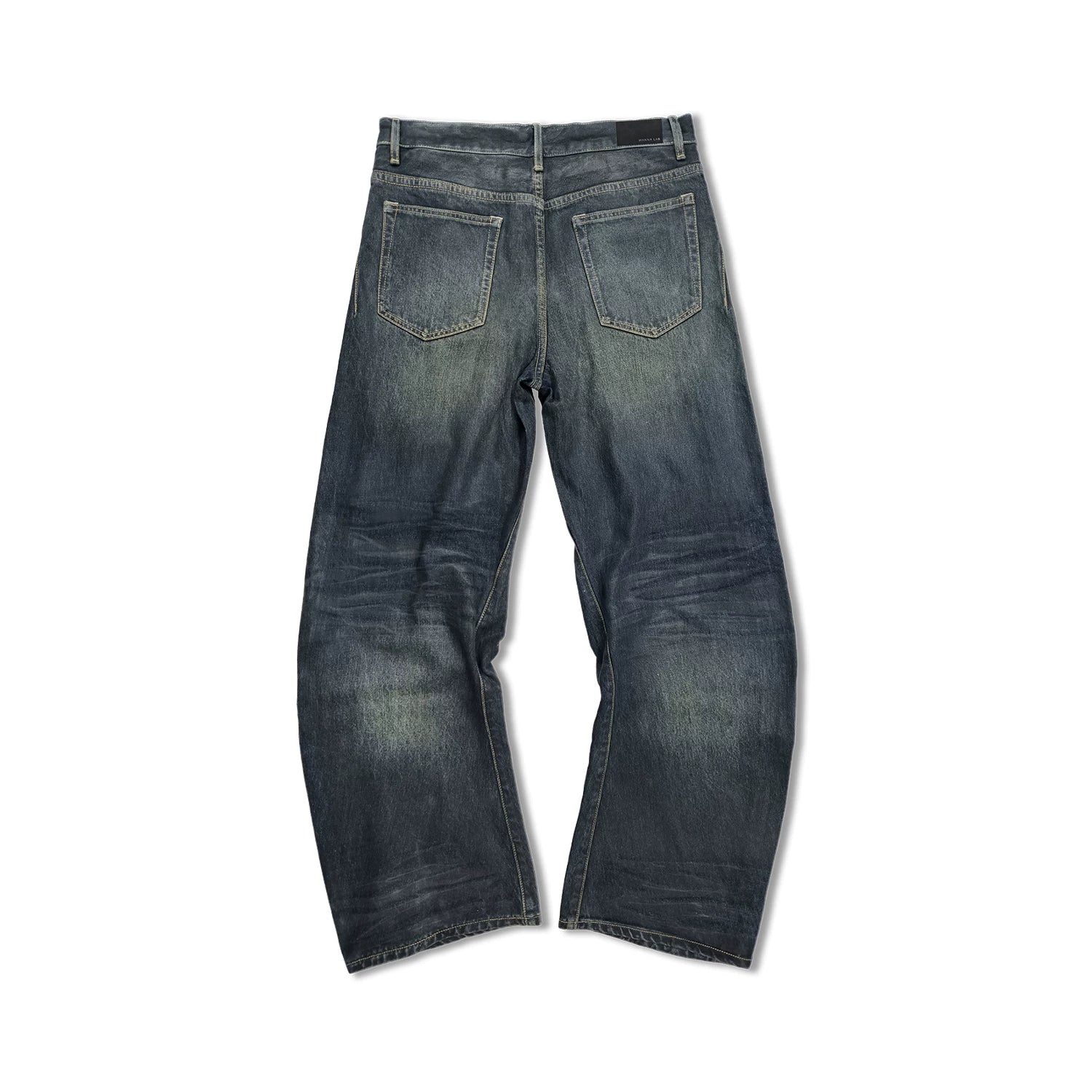 LINBESUI logo WANNA LAB 26SS hand waxed pleated cat whiskers curved knife washed denim pants