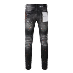 Purple Jeans Mens New Black Grey Jeans - Urban Style with Unique Ripped Patches 9018