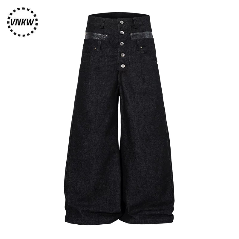 American retro original cow double waisted spliced work pants for men and women, loose wide leg straight leg casual versatile commuting pants