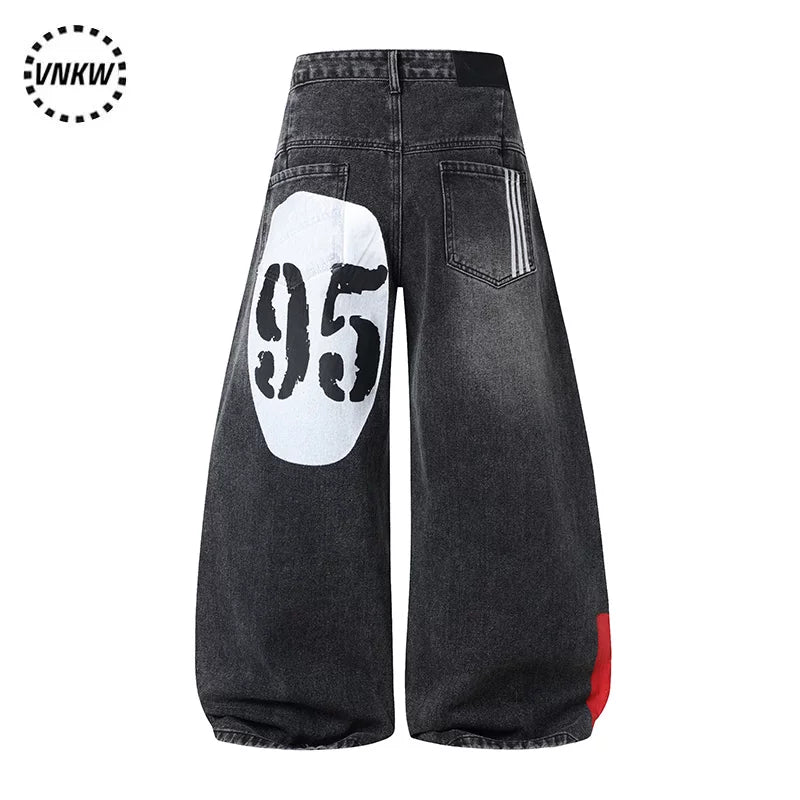 American high street hip-hop digital print splicing curved knife jeans for men and women, unisex style, loose and wide leg versatile pants