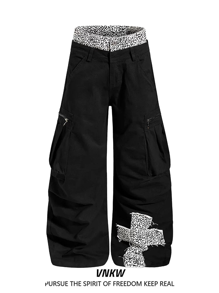 China-Chic ruffian handsome multi pocket leopard double waist head splicing machete overalls for men and women loose design wide leg trousers