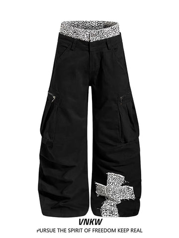 China-Chic ruffian handsome multi pocket leopard double waist head splicing machete overalls for men and women loose design wide leg trousers