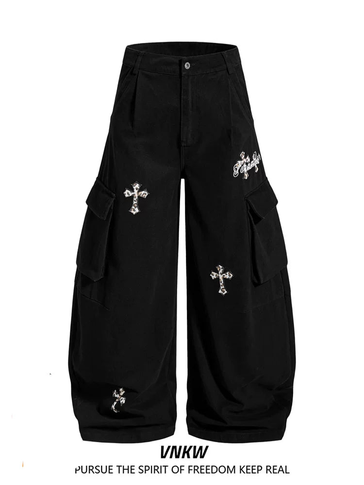 American retro leopard print cross embroidered workwear curved pants for men and women, loose multi pocket casual versatile wide leg pants