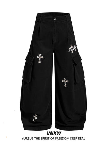 American retro leopard print cross embroidered workwear curved pants for men and women, loose multi pocket casual versatile wide leg pants