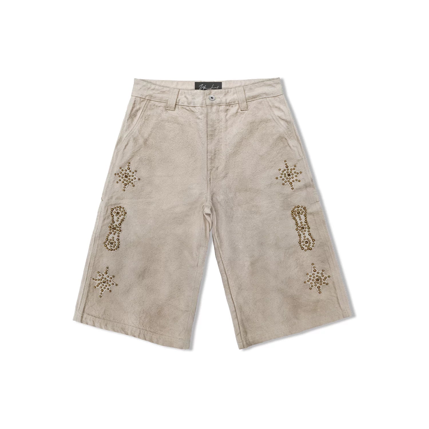 WANNA LAB 26SS genuine leather adhesive cloth, brass rivets, flower wiping, dirty embryo cloth, color bead sail workwear, six or seven minute shorts