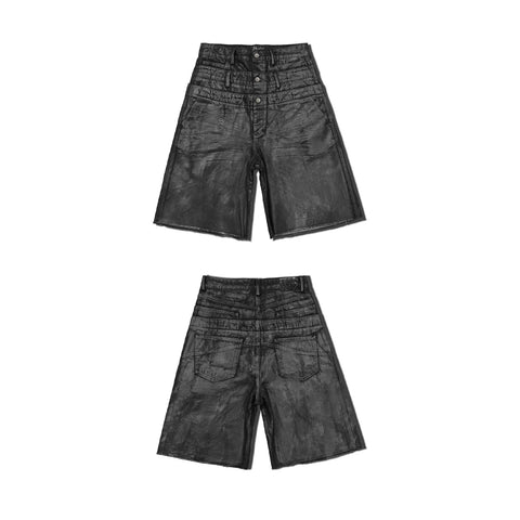 LINBESUI logo WANNA LAB 26SS three waisted brush wax Nissan buckle snake skin denim seven quarter shorts