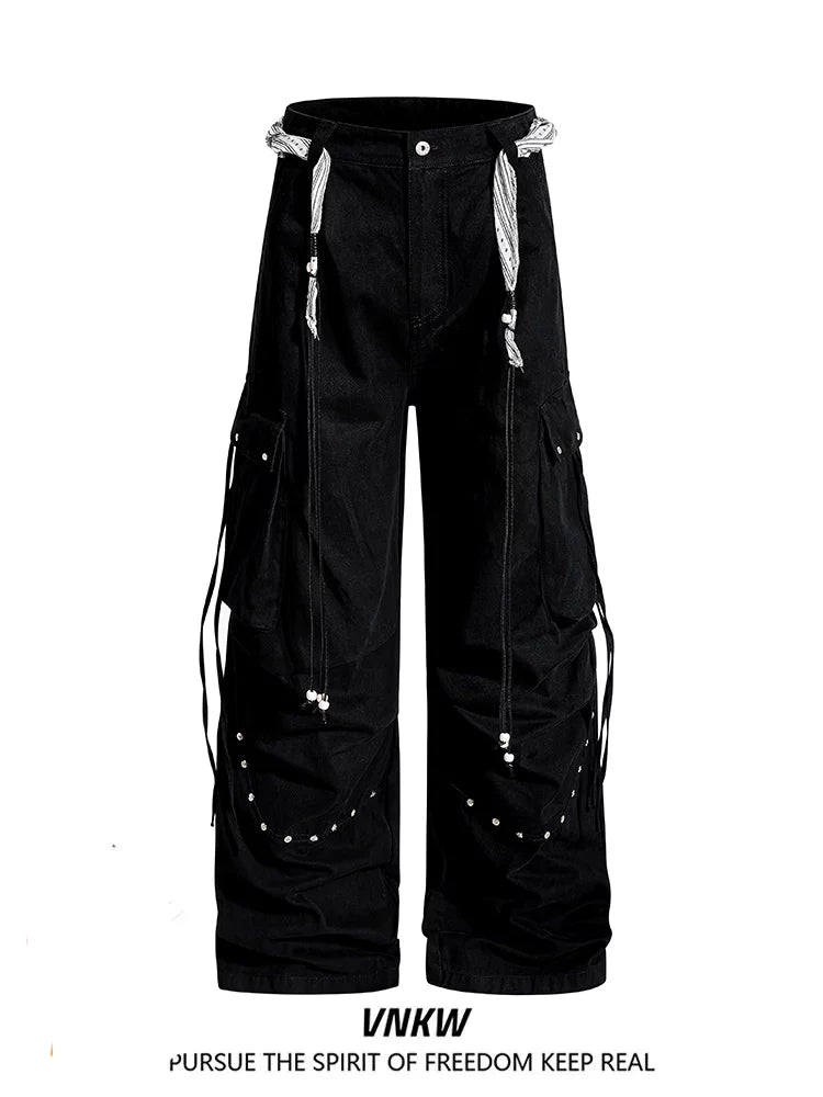 American functional style pleated rivet multi pocket wide leg work pants, loose straight leg hanging chain decoration, cool casual pants