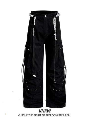 American functional style pleated rivet multi pocket wide leg work pants, loose straight leg hanging chain decoration, cool casual pants