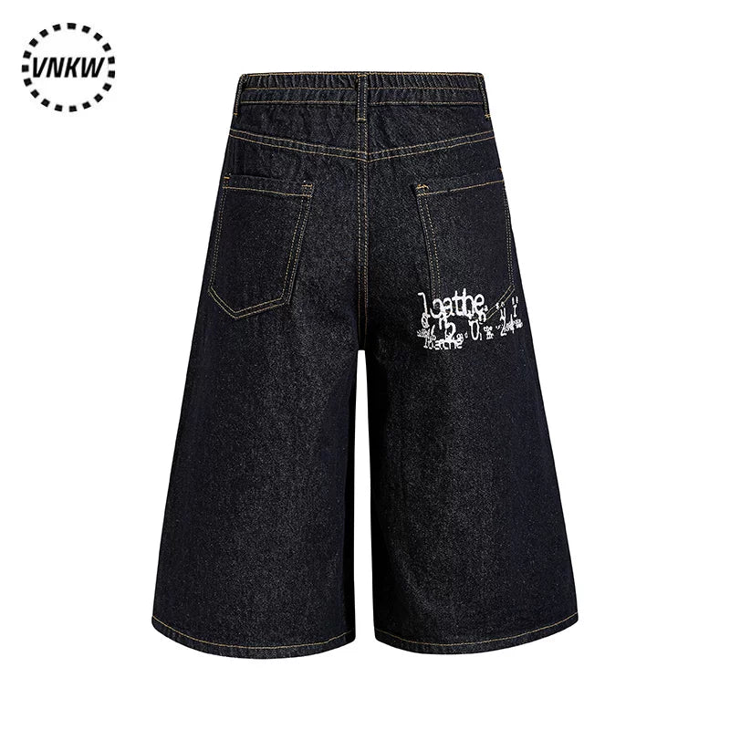American retro original cow black single breasted design, denim cropped pants, men's and women's loose wide leg versatile and cool shorts