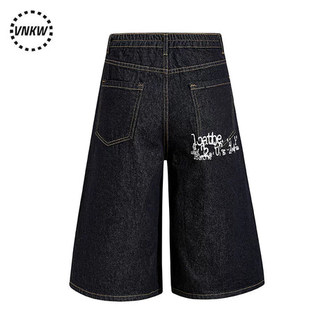 American retro original cow black single breasted design, denim cropped pants, men's and women's loose wide leg versatile and cool shorts
