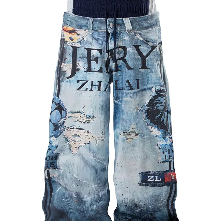 American street heavyweight three waisted 3D printed wide leg work pants for men and women, loose and versatile clean fit long pants