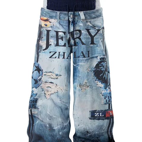 American street heavyweight three waisted 3D printed wide leg work pants for men and women, loose and versatile clean fit long pants