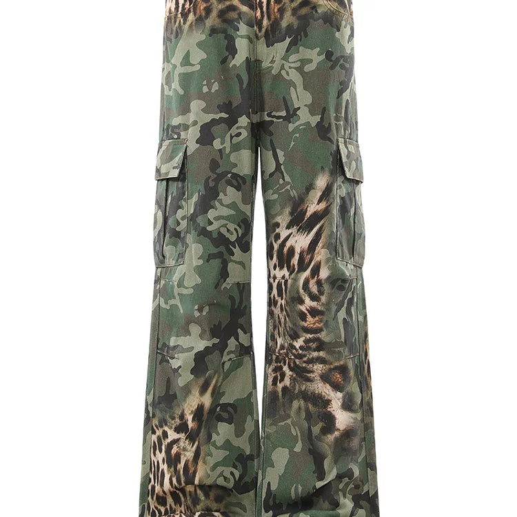 American retro leopard print patchwork camouflage straight leg work pants for men and women, loose and wide leg versatile, slimming and high-end pants