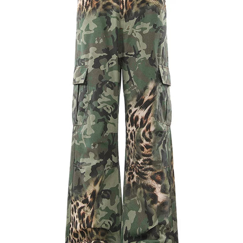 American retro leopard print patchwork camouflage straight leg work pants for men and women, loose and wide leg versatile, slimming and high-end pants