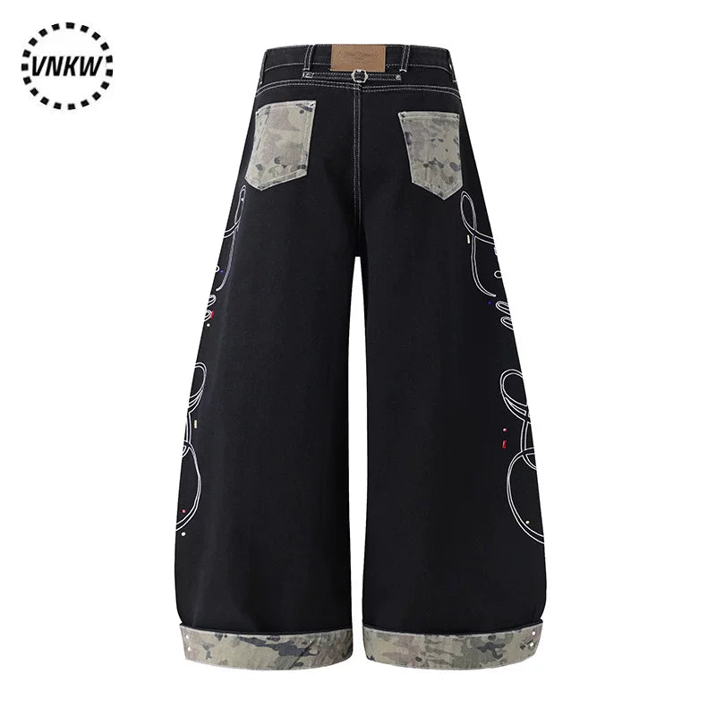 American retro letter embroidery patchwork camouflage contrasting curved knife jeans for men and women, loose wide leg original cow black pants