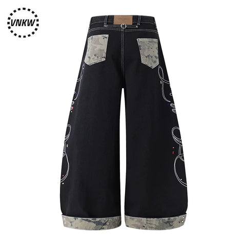 American retro letter embroidery patchwork camouflage contrasting curved knife jeans for men and women, loose wide leg original cow black pants